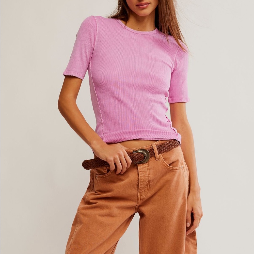 Free People Pink Ribbed T-shirt Top